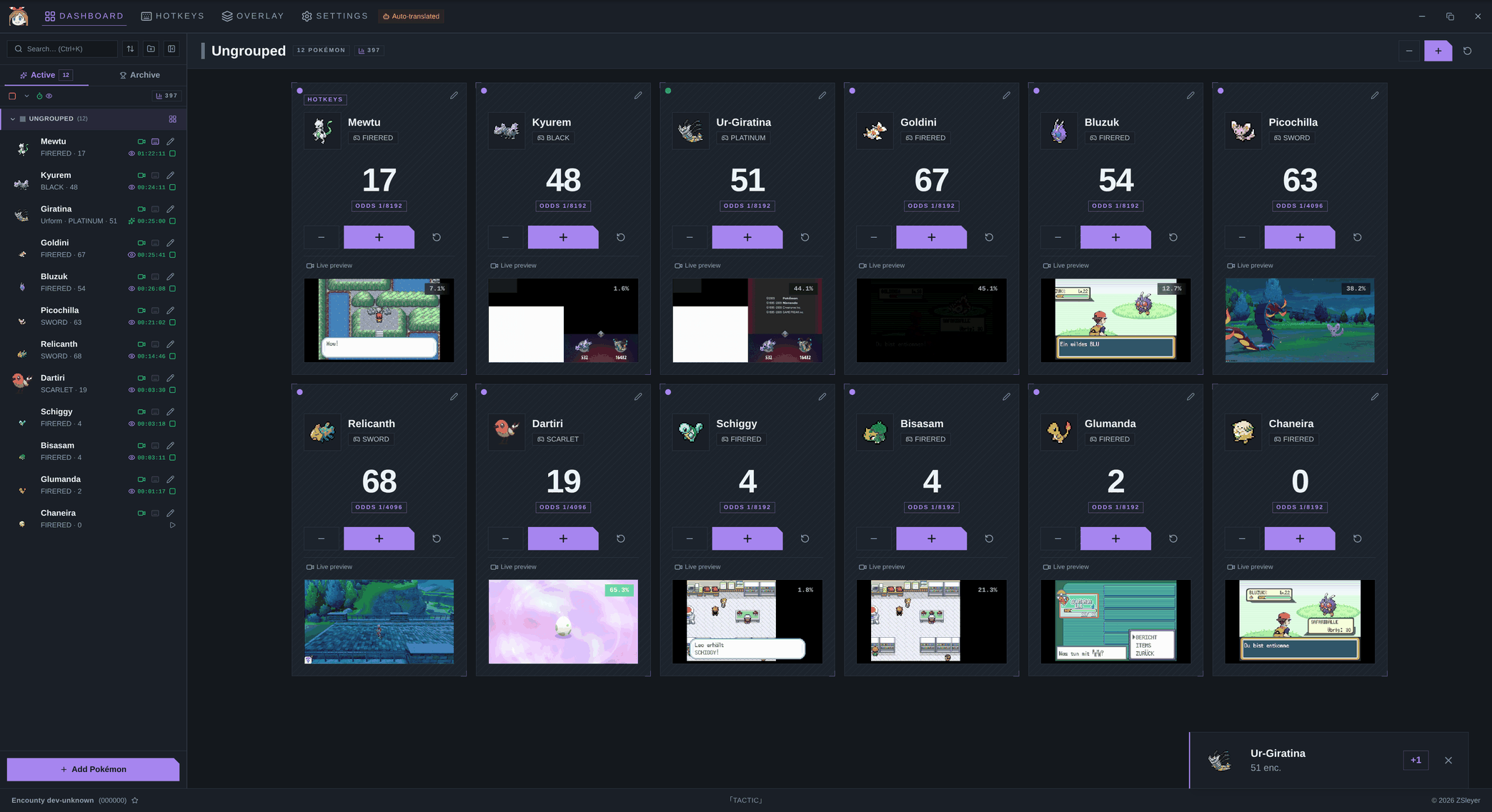 Encounty dashboard in group view with twelve parallel shiny hunts, each with counter, odds and live preview