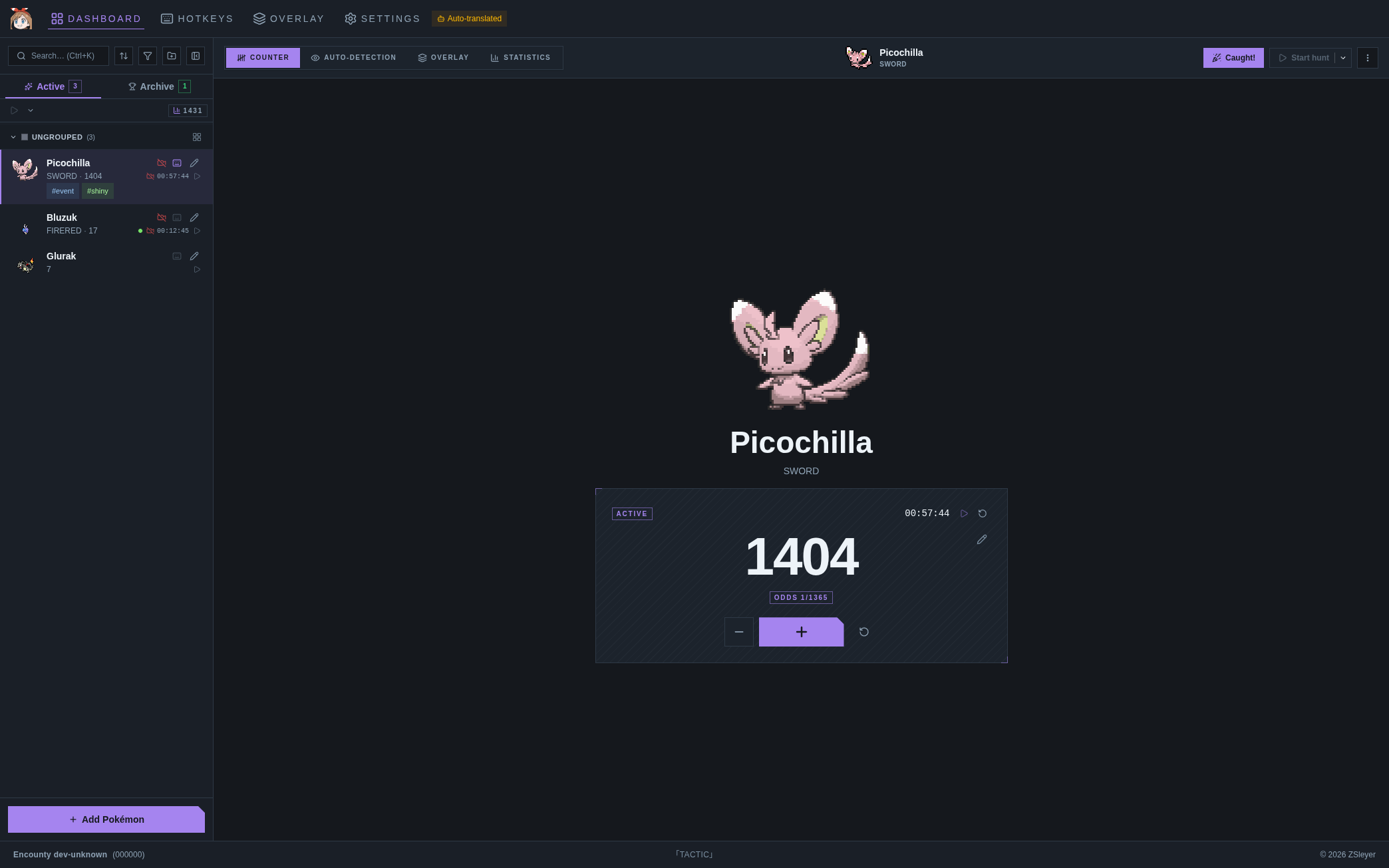 Encounty dashboard showing active shiny hunts with encounter counter, timer and odds