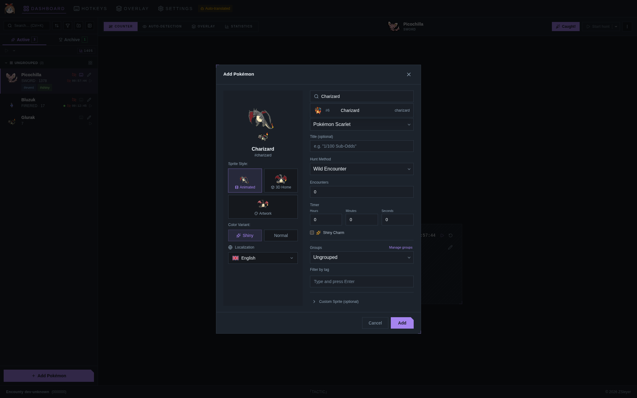 Add Pokémon dialog with Pokédex search, sprite styles and hunt method selection