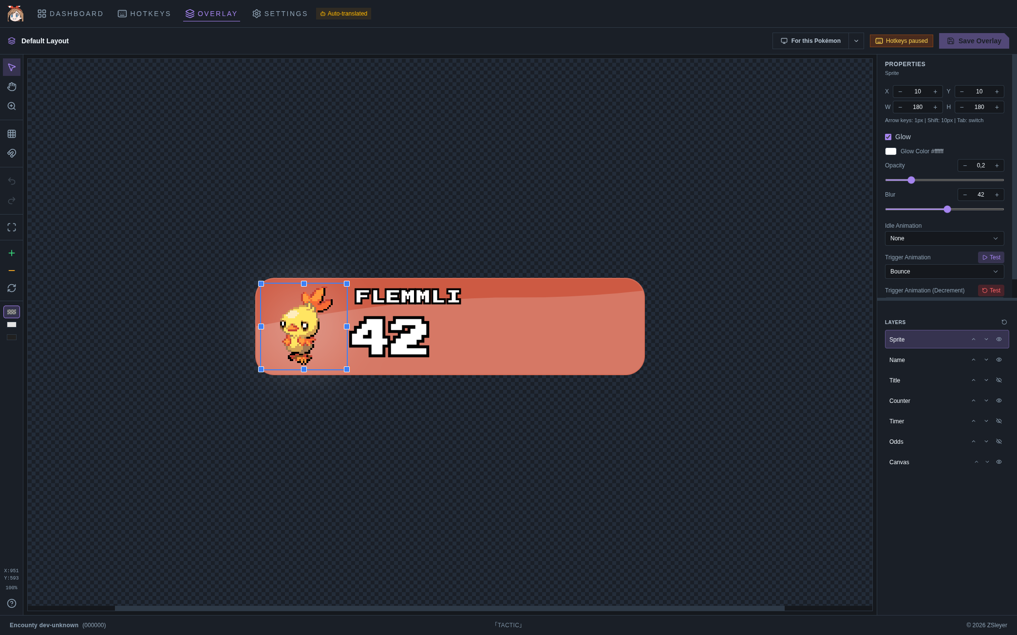 OBS overlay editor with drag-and-drop layers, sprite, counter and glow properties