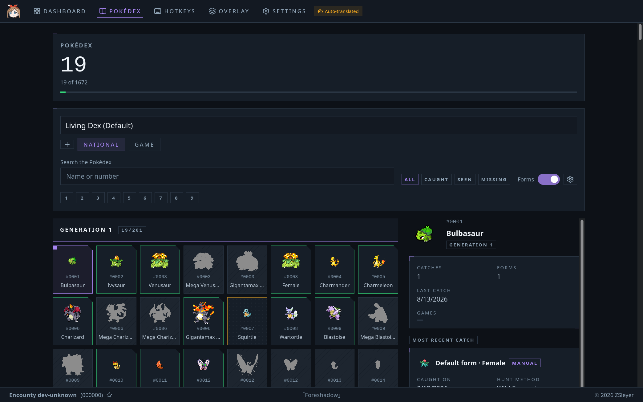 Encounty Pokédex page with completion progress, National, Game and Forms modes and a species detail panel