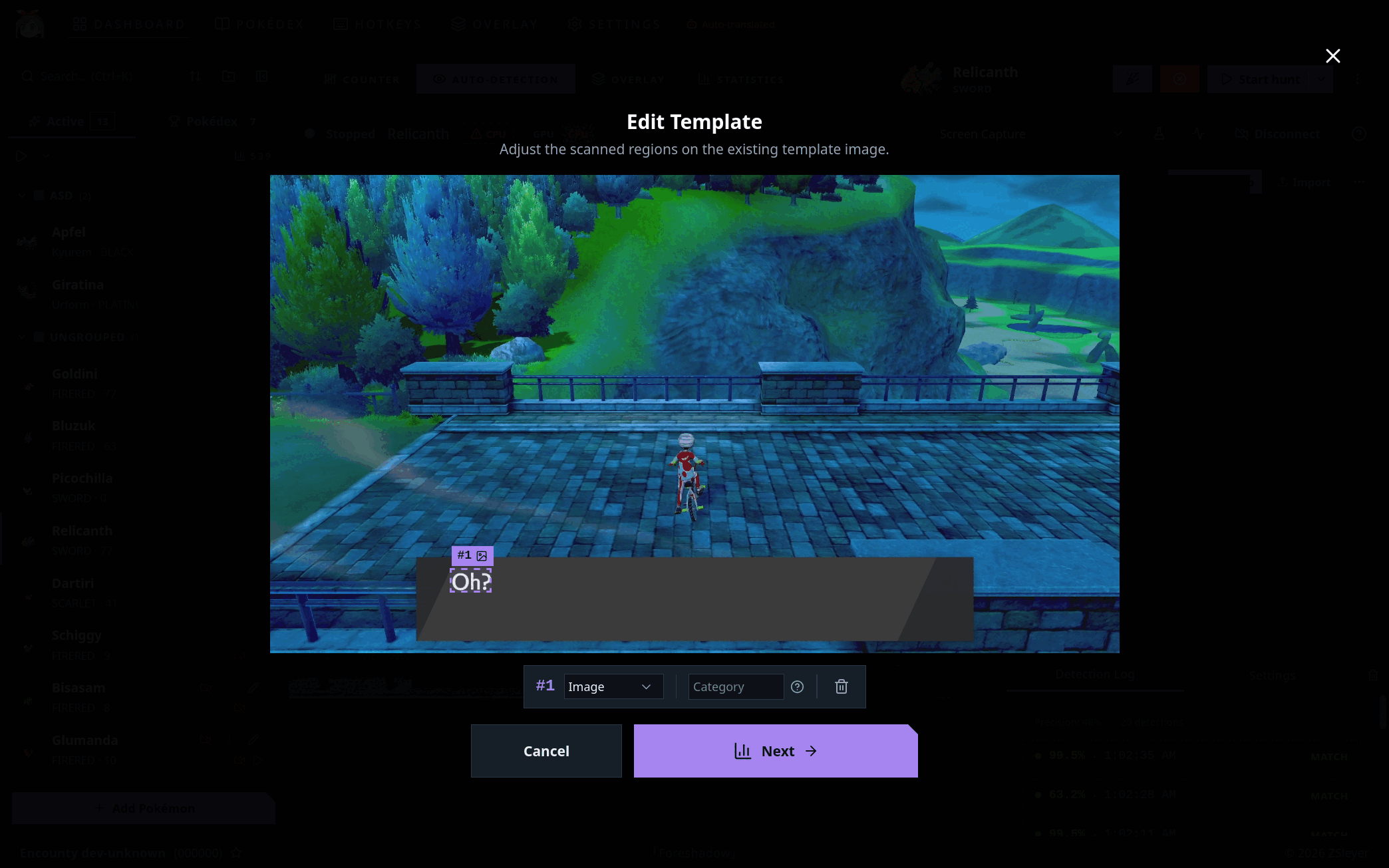 Template editor with a marked scan region on a captured game frame